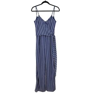 Michael Kors Navy White Stripe Wrap Maxi Jumpsuit Wide Leg Side Slit Size S